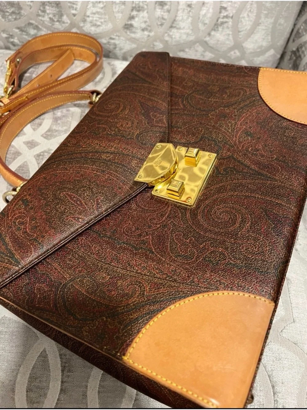 Etro Paisley Top Handle Bag Brown Leather Crossbody Italy Vintage - Picture 3 of 10